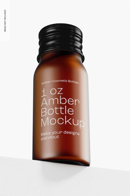 PSD 1 oz amber bottle mockup, lage hoekweergave