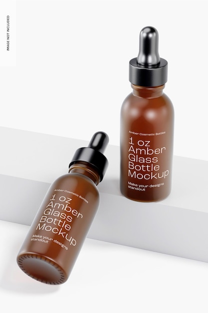 1 oz amber glass bottles mockup, leunend