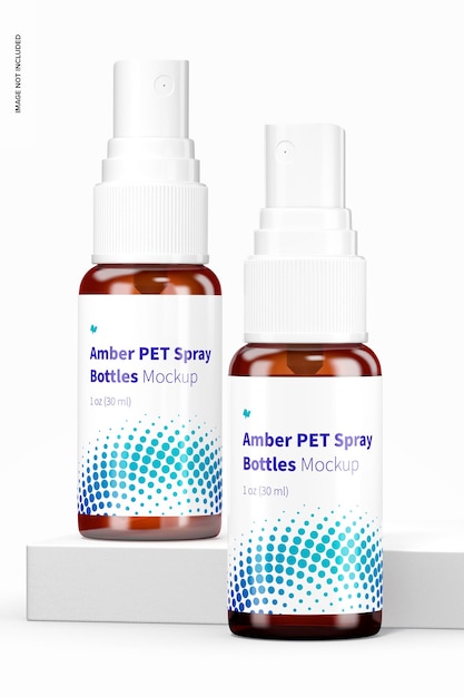 Mockup di flaconi spray in pet color ambra da 1 oz, vista frontale