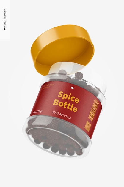 Mockup di bottiglia di spezie in pet trasparente da 1 oz, aperto