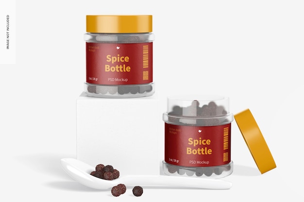 Mockup di bottiglie di spezie in pet trasparente da 1 oz