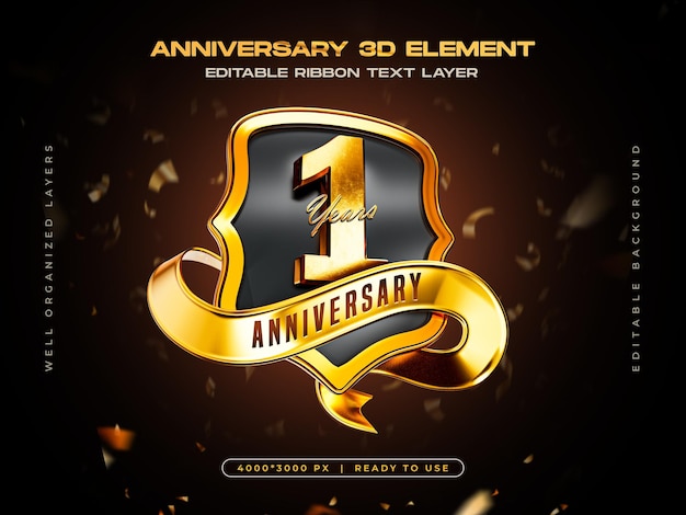 PSD 1 year anniversary celebration badge with golden number and luxury ribbon banner design