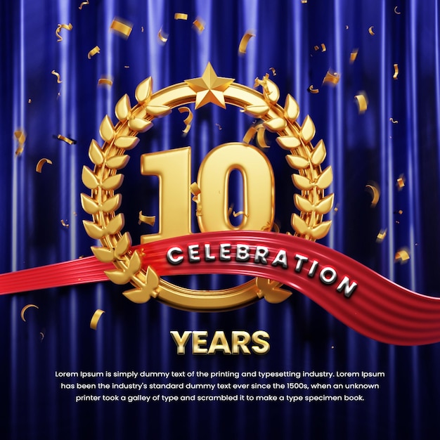 Priorità bassa di celebrazione di 10 anni con nastro e coriandoli o post di celebrazione dell'anniversario