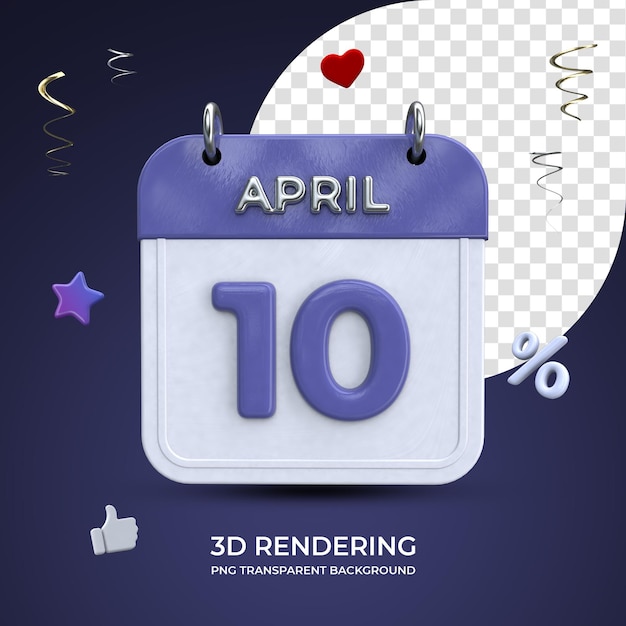 10 april kalender 3d-rendering geïsoleerde transparante achtergrond