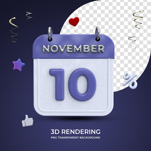 10 november kalender 3d-rendering geïsoleerde transparante background