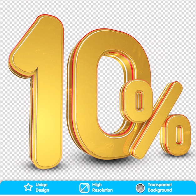 10 off on sale. gold percent isolated on png background. 3d rendering. illustration for advertising