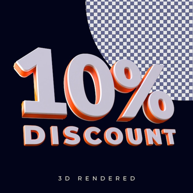 PSD 10 percent discount 3d rendering text with orange and white color combination in alpha background