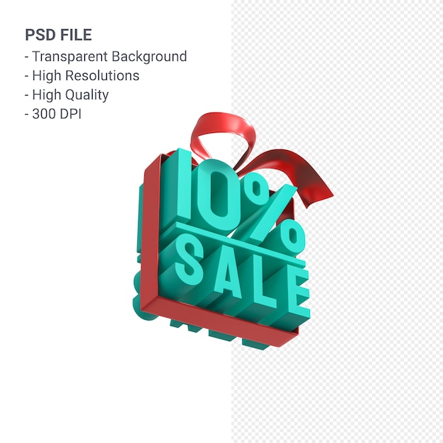 PSD 10% sale with bow and ribbon 3d design isolated