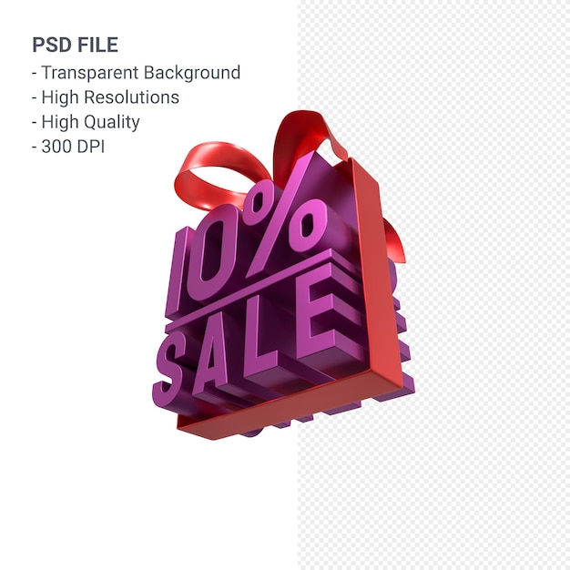 PSD 10% sale with bow and ribbon 3d design isolated