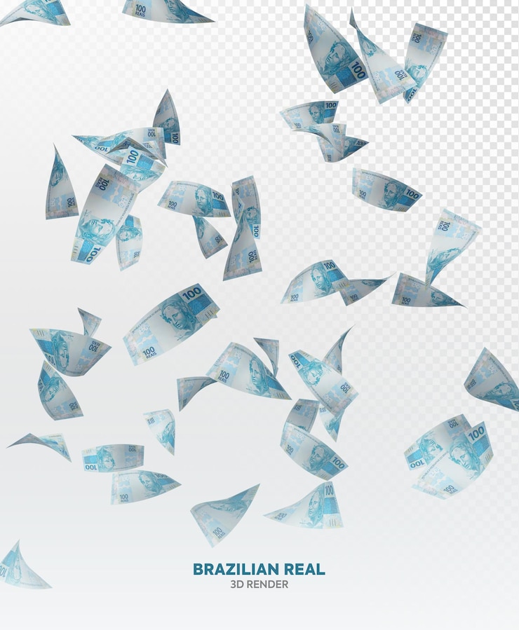 100 reais brazilian money rain 3d render realistic