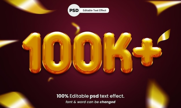 100k follower oro liquido 3d modificabile psd effetto testo 100k con sfondo premium