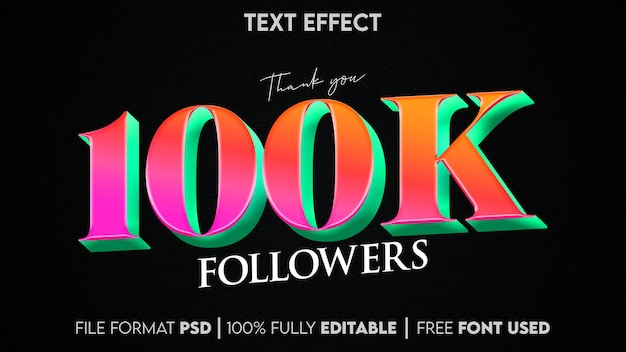 100k followers text effect with black background