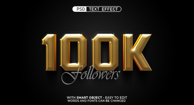 100k followers with editable number gold 3d style effect