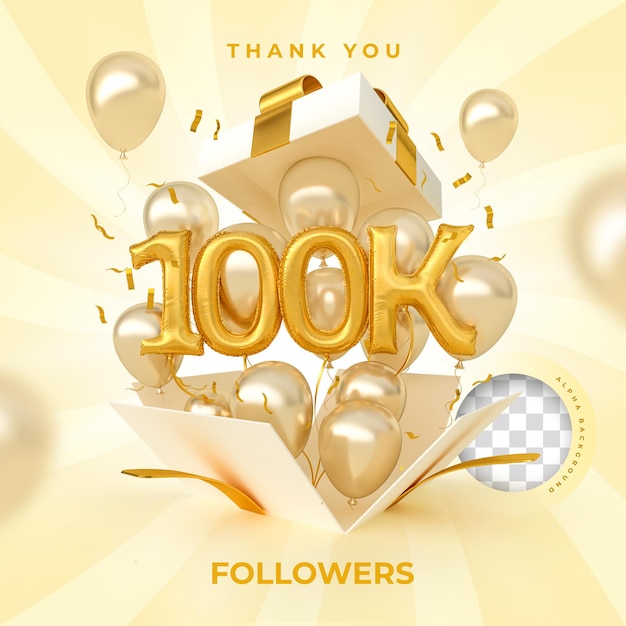 100k followers with numbers balloons 3d render