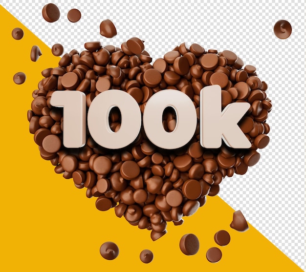 100k likes 3d-tekst op chocolate chips pieces love 3d illustratie
