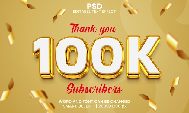 100k subscribers 3d editable text effect premium psd with background