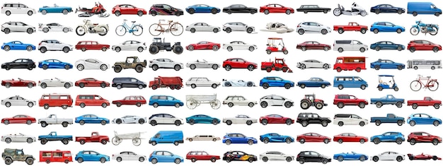 108 Samochodów I Różnych Pojazdów Ustawionych Na Odizolowanym Tle