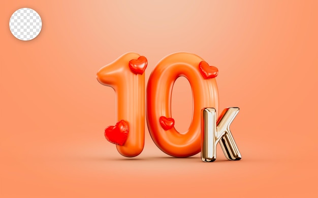 10k volger viering oranje kleur nummer met liefde icoon 3d render concept voor sociale banner