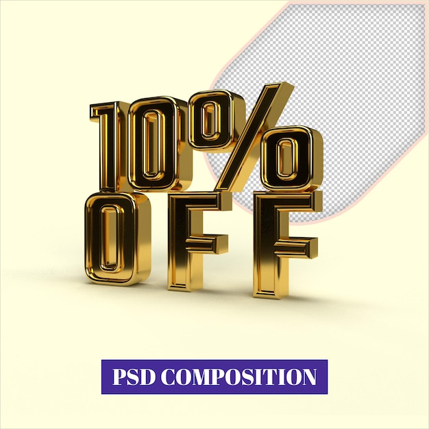 10% di sconto in vendita. percentuale d'oro isolata su sfondo bianco. rendering 3d