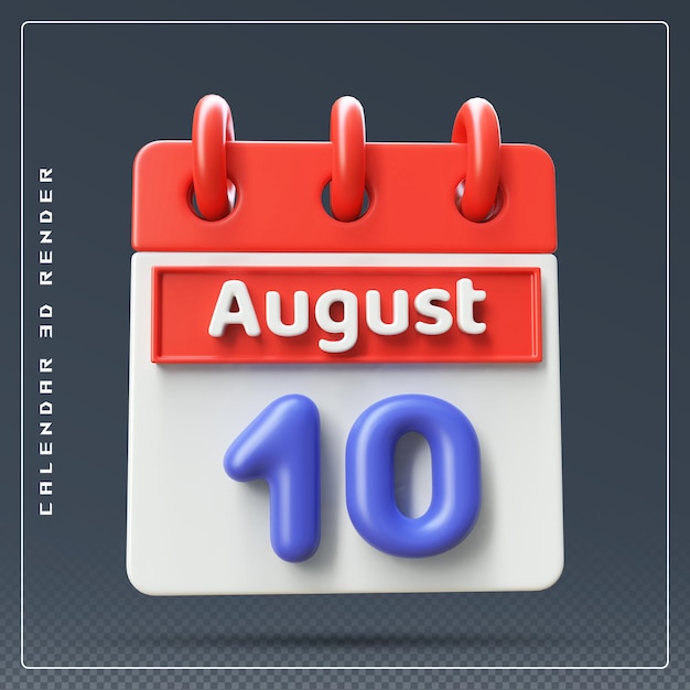 Rendering 3d dell'icona del calendario del 10 agosto