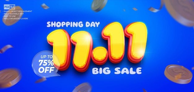 1111 single's day sale banner with custom text editable 3D style effect