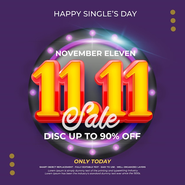 1111 Single's Day Specjalny Rabat Kwadratowy Baner Z Edytowalnym Efektem Tekstowym W Stylu 3d