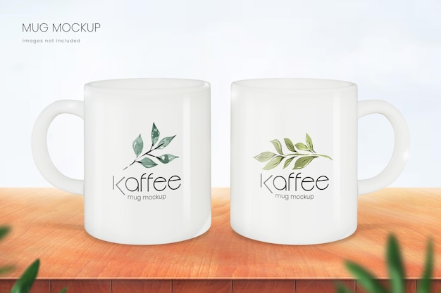 11oz mug mockup of white ceramic cup on wooden table with bright background