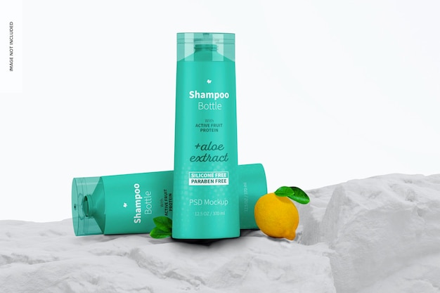 Mockup di bottiglie di shampoo da 12,5 once, in piedi e lasciate cadere