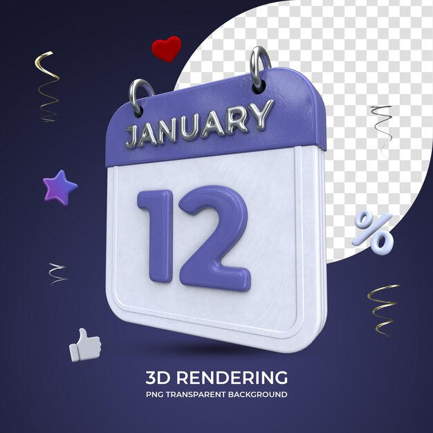 12 january calendar 3d rendering isolated transparent background