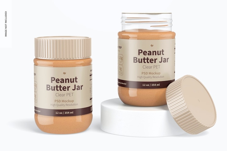 PSD 12 oz clear pet peanut butter jar mockup, opened
