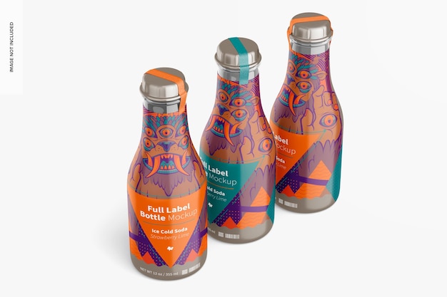 12 oz full label bottles mockup, perspective view