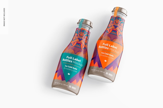 12 oz full label bottles mockup, top view