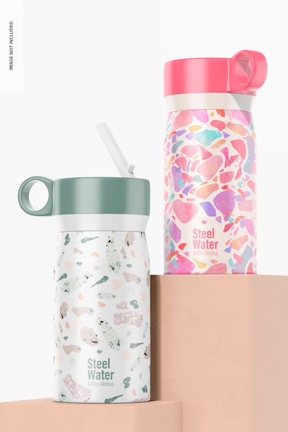 12 oz Water Bottles Mockup on Podium