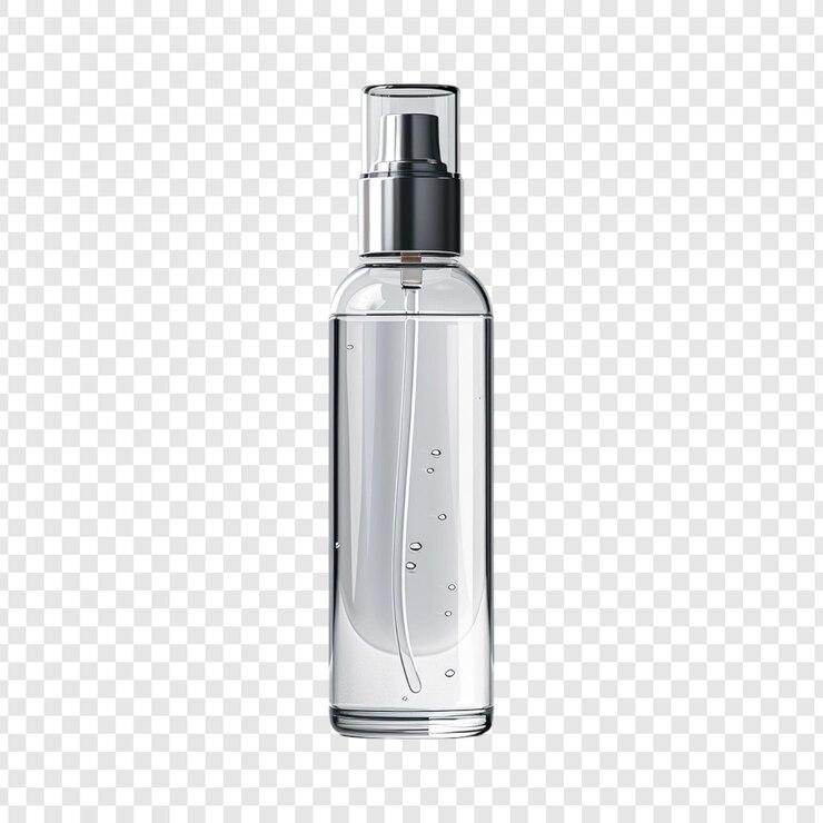120ml Frosted Glass Cosmetic Bottle w Pump Mockup on transparent background