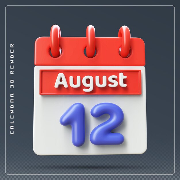 Rendering 3d dell'icona del calendario del 12 agosto