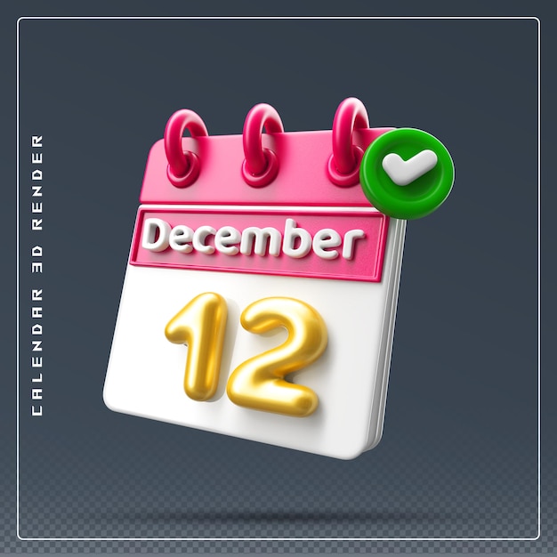 PSD calendario del 12 dicembre con icona della lista di controllo rendering 3d