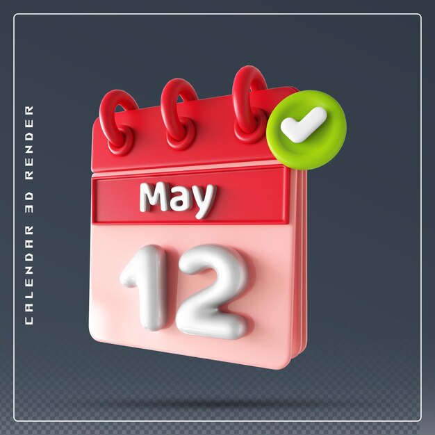 PSD calendario del 12 maggio con icona della lista di controllo rendering 3d