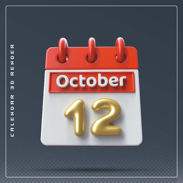 PSD 12th october calendar icon 3d render