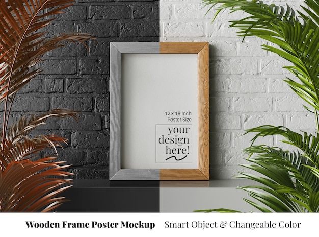 12x18 inch houten frame canvas papier poster mockup in baksteen interieur en palmen