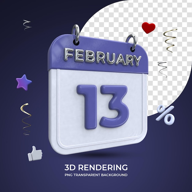 13 february calendar 3d rendering isolated transparent background