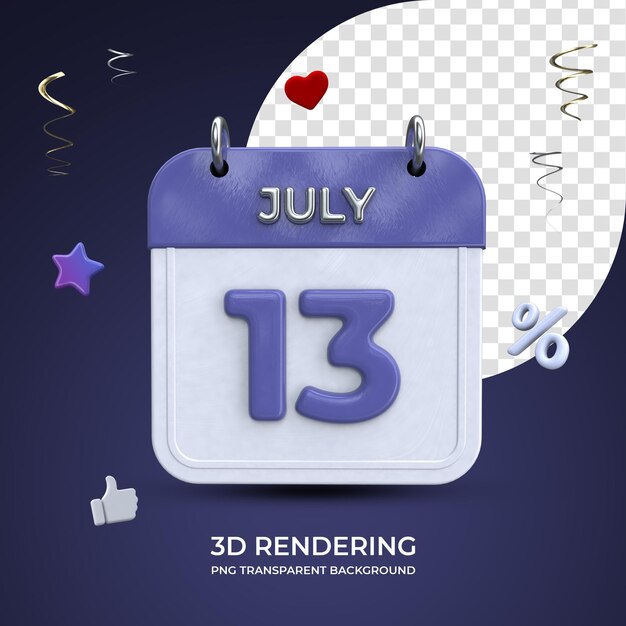 13 july calendar 3d rendering isolated transparent background