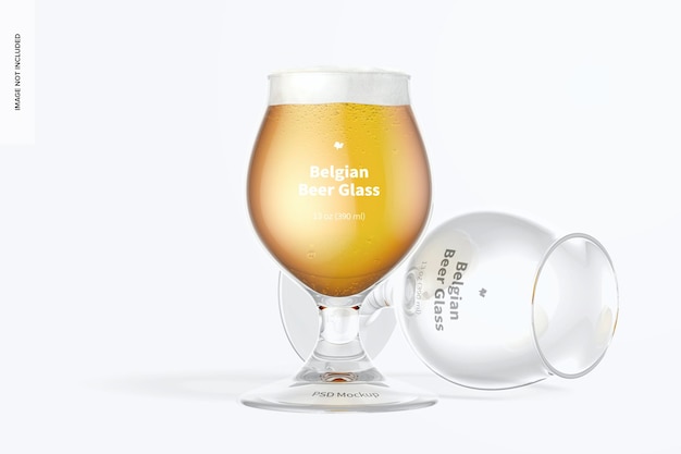 PSD 13 oz belgian beer glass mockup, standing and dropped