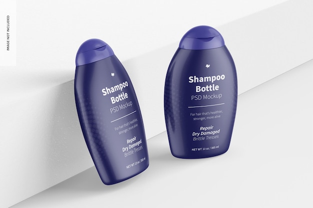 Mockup di bottiglie di shampoo da 13 once, appoggiate e in piedi