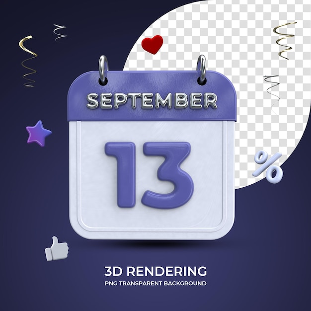 13 september calendar 3d rendering isolated transparent background