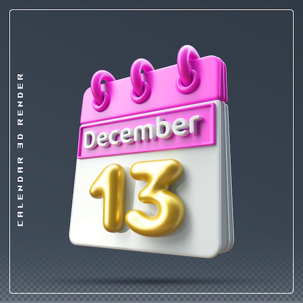 PSD rendering 3d dell'icona del calendario del 13 dicembre