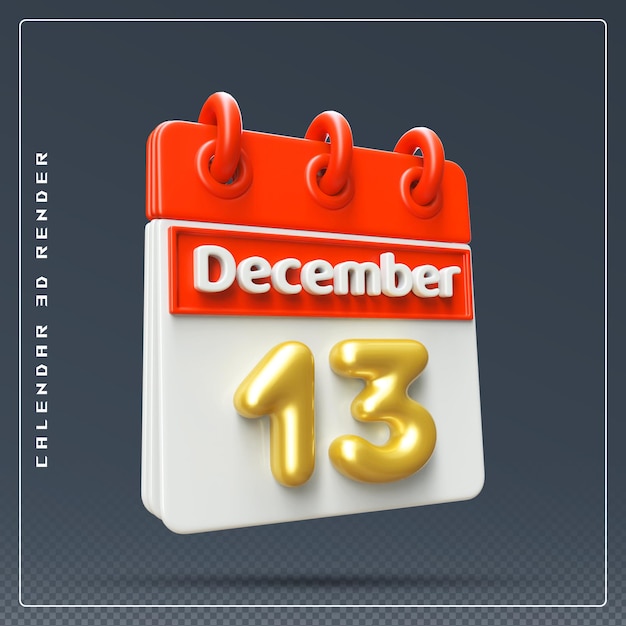 PSD rendering 3d dell'icona del calendario del 13 dicembre