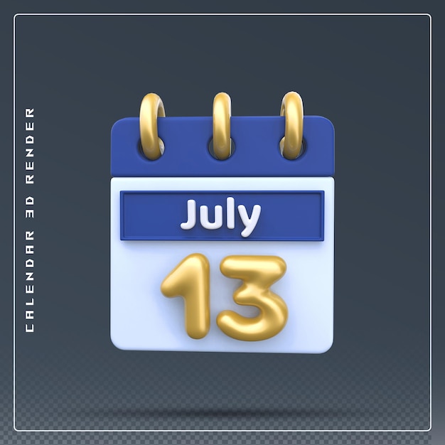 PSD rendering 3d dell'icona del calendario del 13 luglio