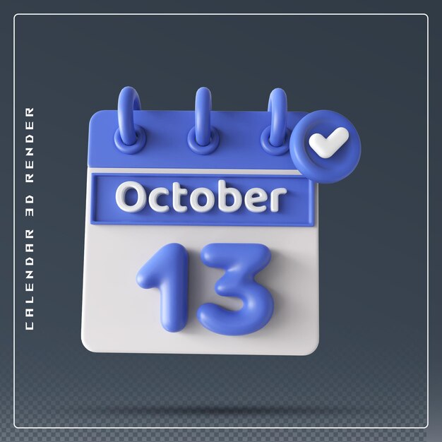 PSD 13th october calendar with check list icon 3d render