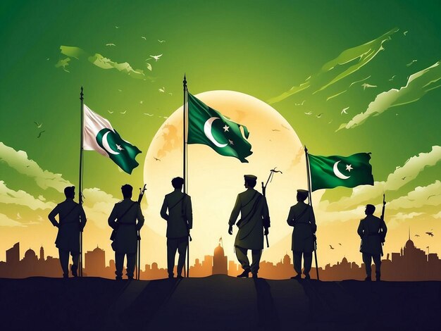 PSD 14th august of independence day of pakistan holiday and people silhouettes with pakistan flag