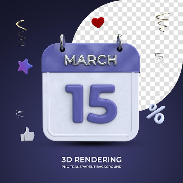 3월 15일 달력 3d 렌더링 절연 투명 배경